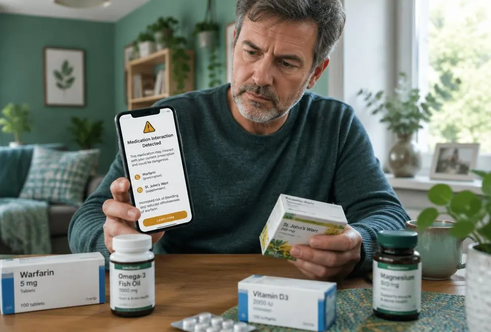 Un hombre consultando en su móvil una alerta de interacción entre medicamentos
