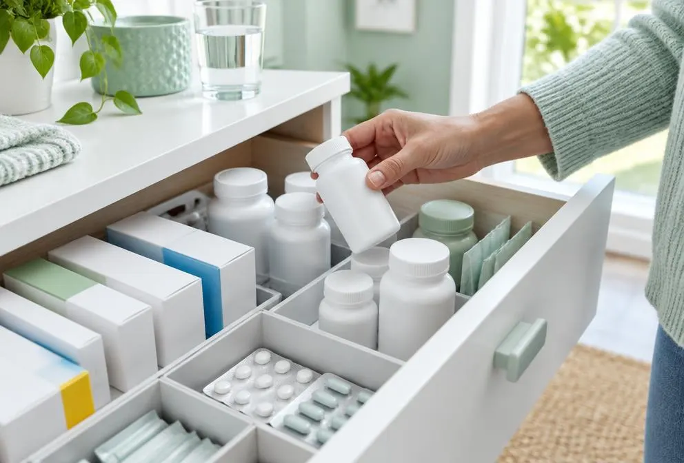 Medicamentos organizados en un cajón mientras se revisan las existencias