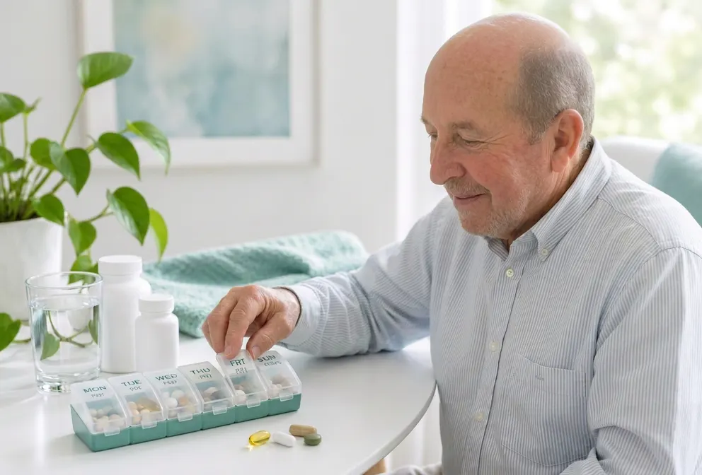 Un señor mayor organizando sus medicamentos en un pastillero semanal