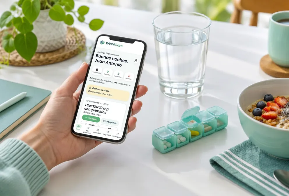 Un móvil mostrando la pantalla de inicio de WishiCare junto a un pastillero y un vaso de agua