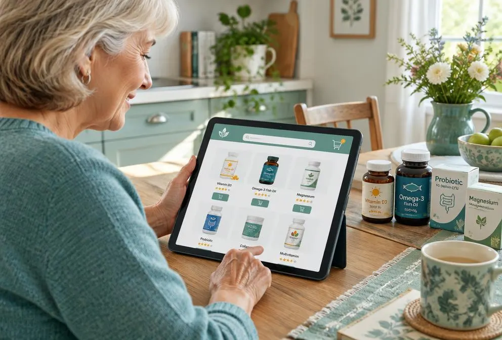 Una mujer mayor comprando vitaminas y suplementos en la tienda online desde una tableta