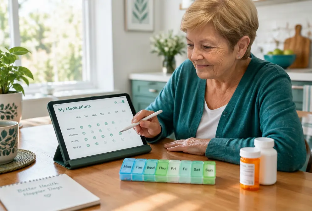 Una persona mayor marcando sus tomas en el calendario de la tableta